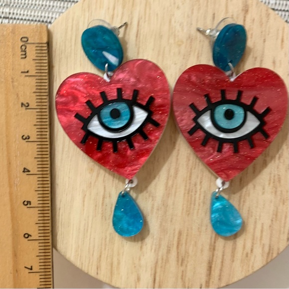 🔥 S O L D Evil Eye Love Heart Statement Earrings - Deep Red - Acrylic - Picture 3 of 9